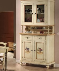 Credenza con alzata 2 porte laccata avorio e decorata