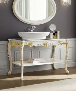 Mobile bagno laccato avorio con dettagli foglia oro patinato