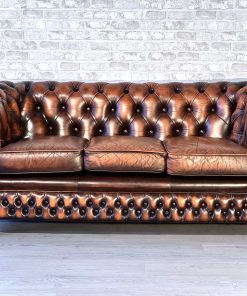 Divano Chesterfield 3 posti originale inglese in pelle marrone/bordeaux