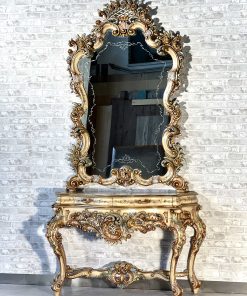 Consolle con specchiera intagliata e decorata a mano