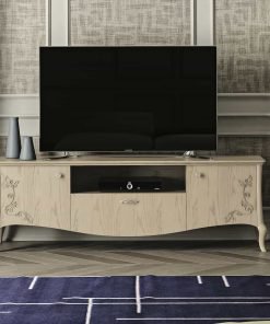 Porta TV con 2 porte, 1 cassetto e vano a giorno con traforo