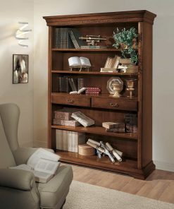 Libreria a giorno con 2 cassetti e intaglio