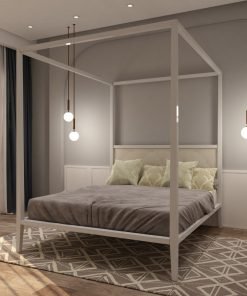 Letto matrimoniale a baldacchino con testata bassa imbottita